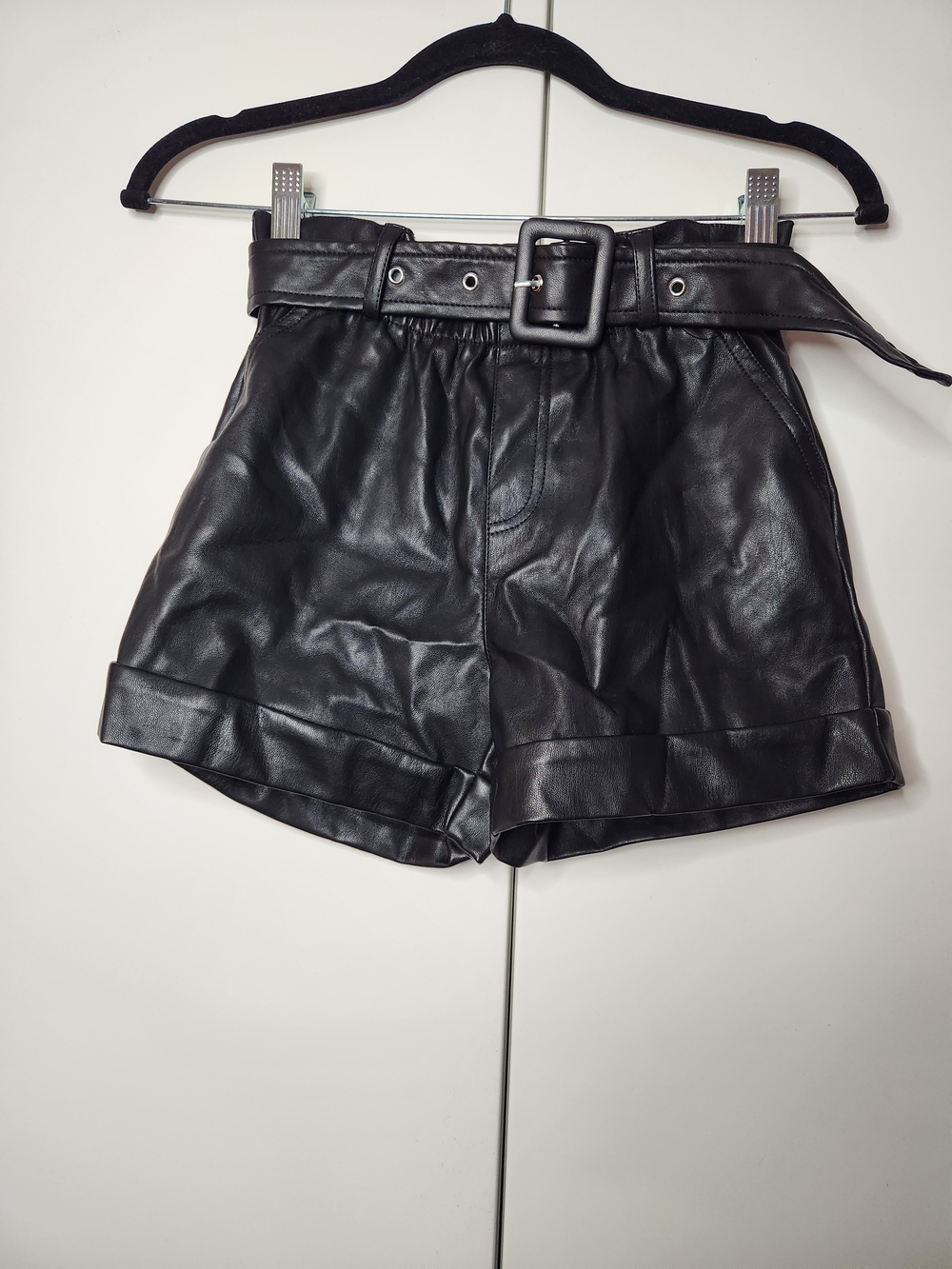 River Island Girls High-Waist Black Faux Leather Belted Shorts